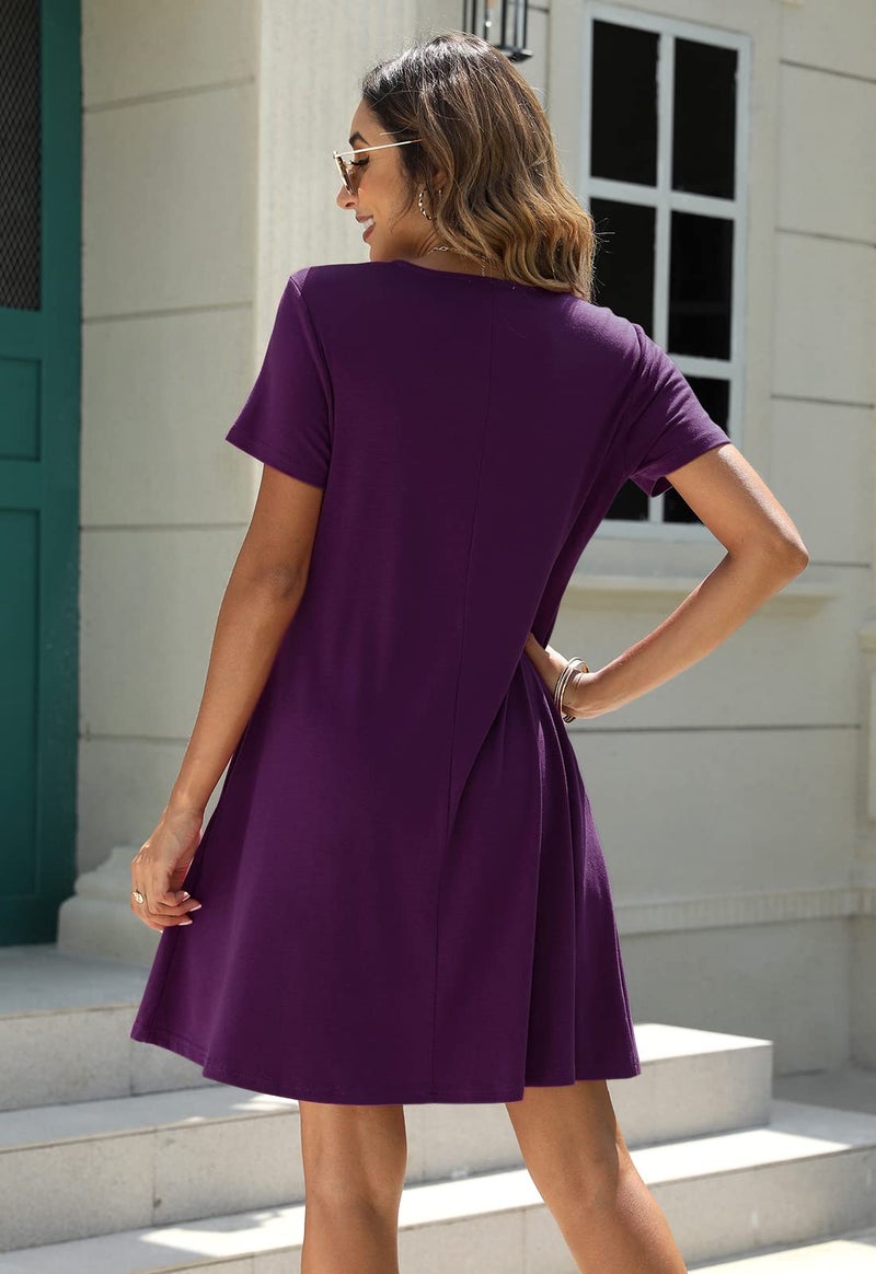 Manydress Women's Summer Casual T Shirt Short Sleeve Button Down Swing Dress with Pockets MY035 (Dark Purple, L) - Image 2